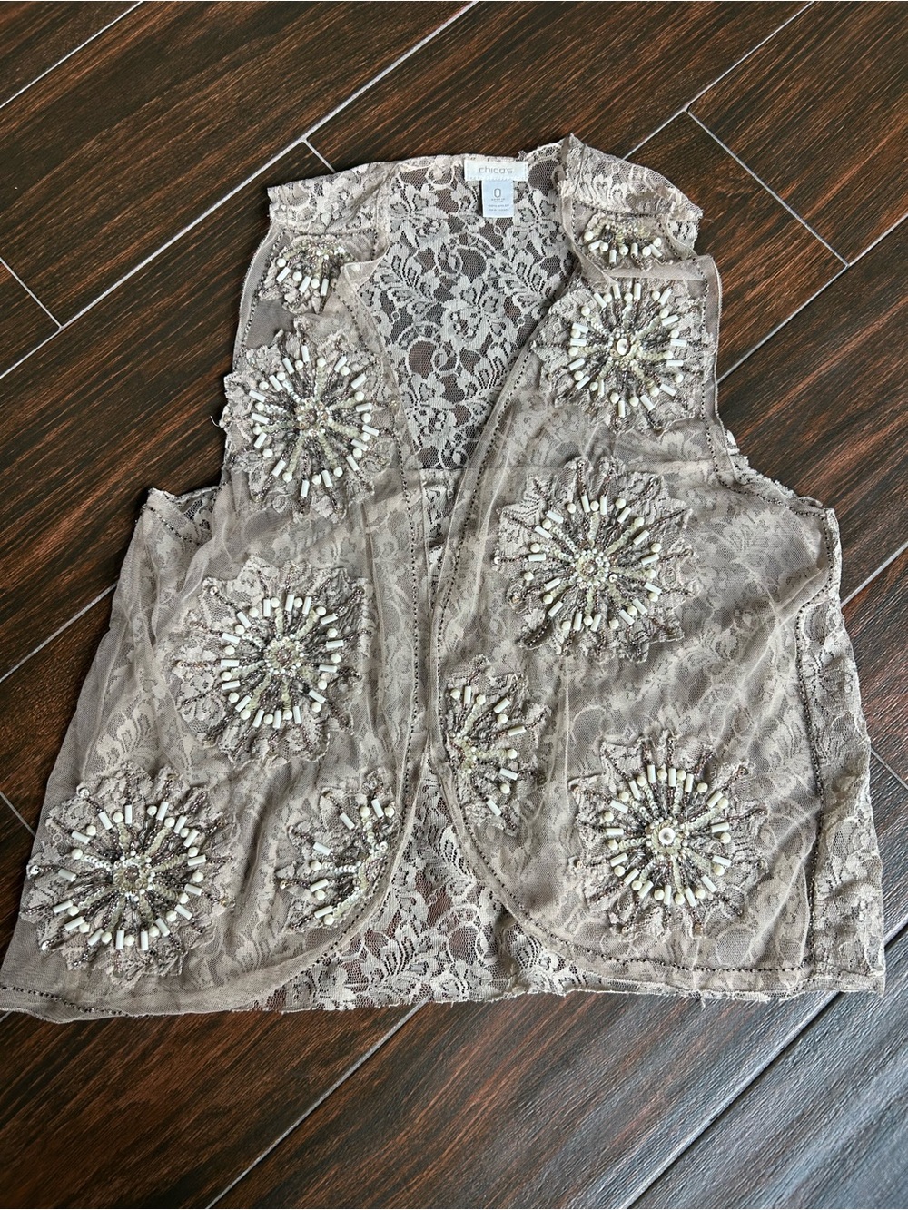 Chico’s Tan Ecru Lace Embellished Boho Front Open Vest